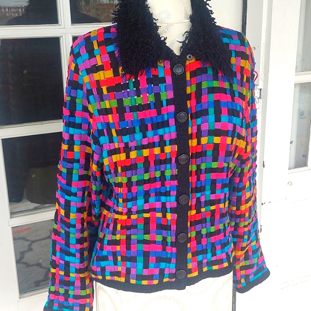 Michael Simon New York 90s Vintage Woven Stretch Cardigan Jacket Med